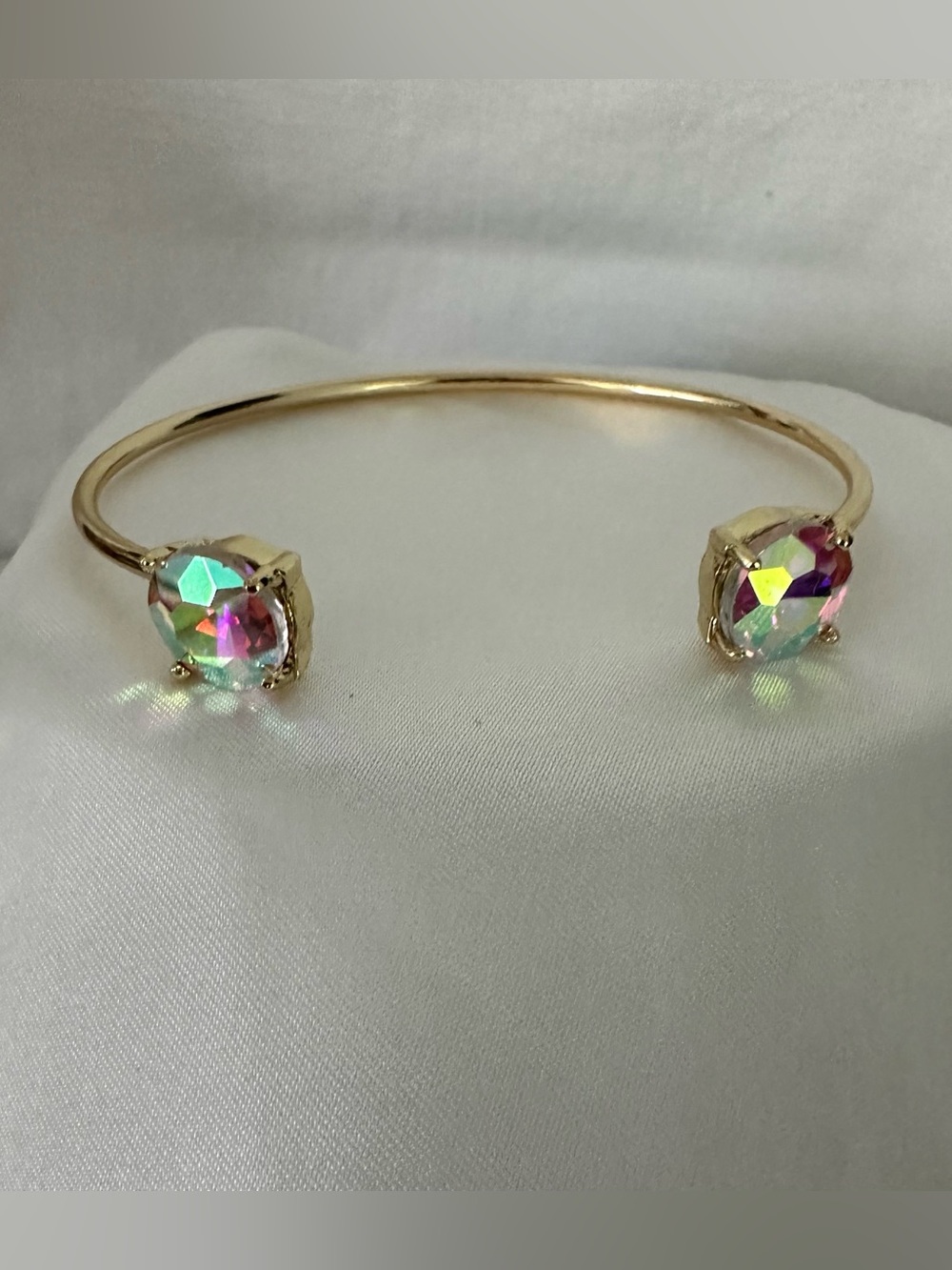 Gold Open Cuff Bracelet with Iridescent Crystal Ends